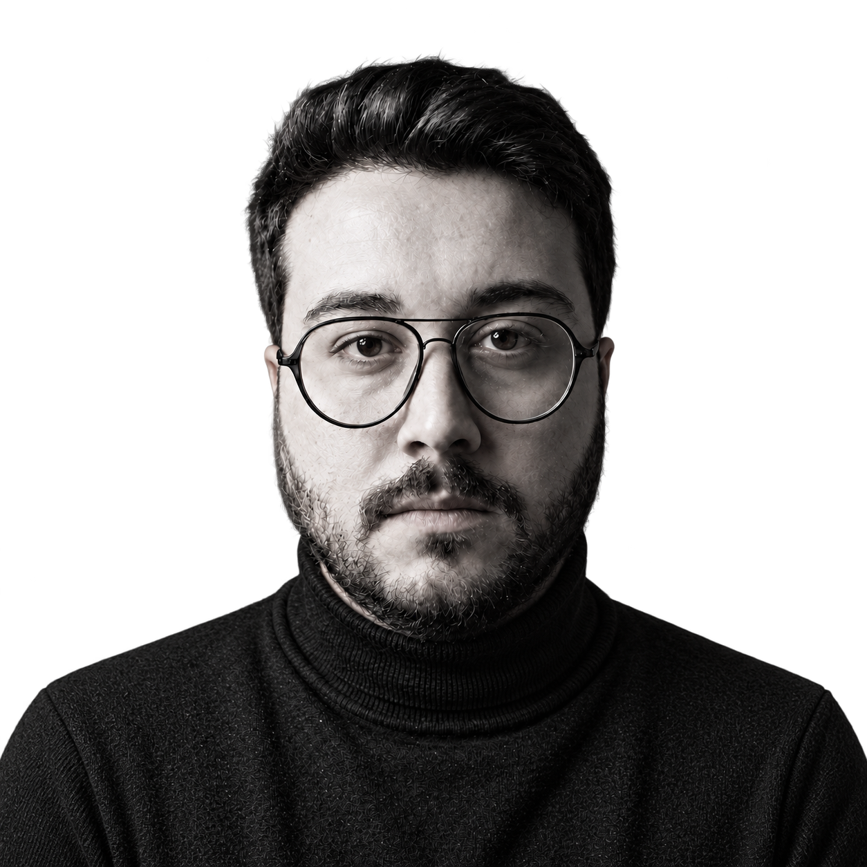 Mahmoud Ahmed, in black and white, wearing round glasses and a black turtleneck